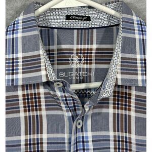 Bugatchi Men's Large Blue Plaid  Flip Cuff‎ Long Sleeve Shirt No Size Tag